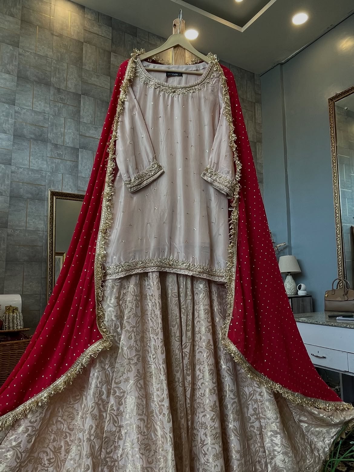 Beige Banarsi Sharara Set with Red Dupatta