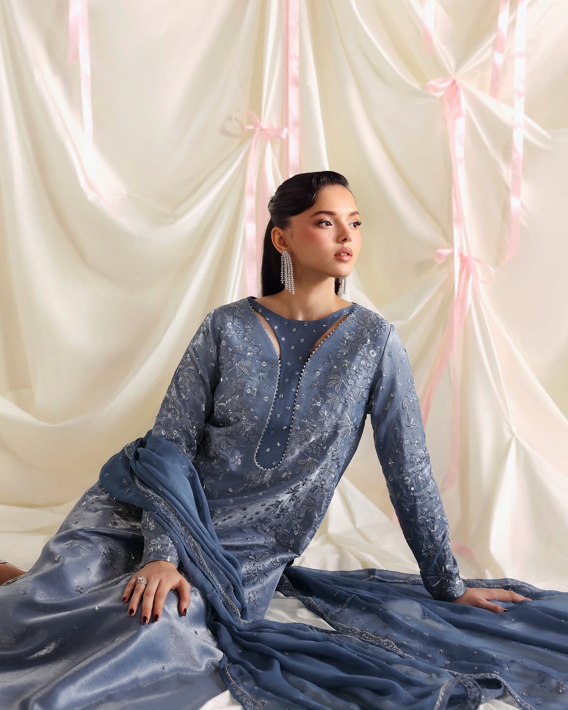 Blue Silk Embroidered Suit - Detail View