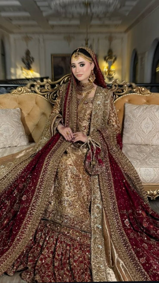Bridal Lehenga Maroon Gold Embroidered
