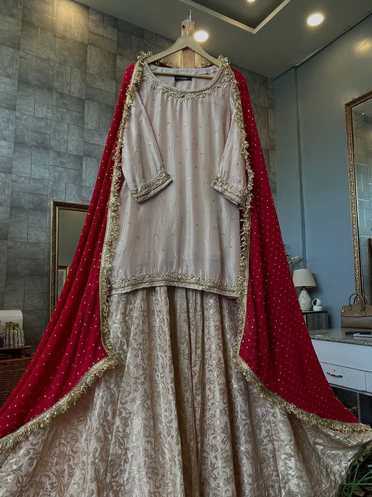 Beige Banarsi Sharara Set with Red Dupatta