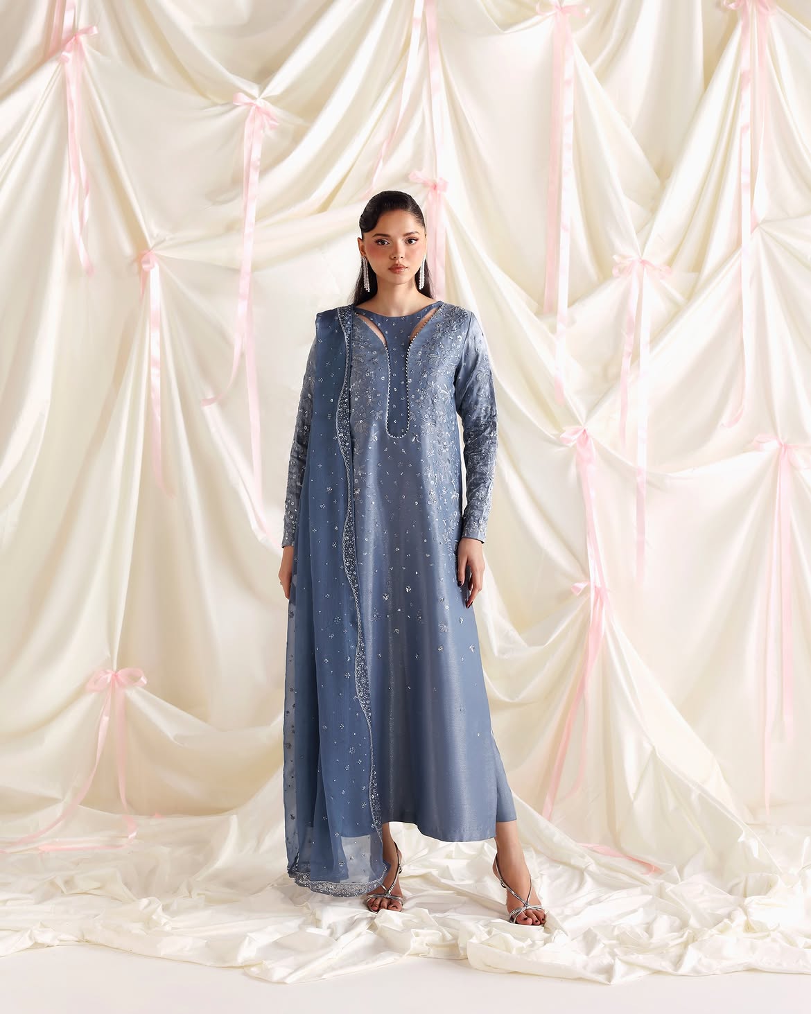 Blue Silk Embroidered Suit - Front View