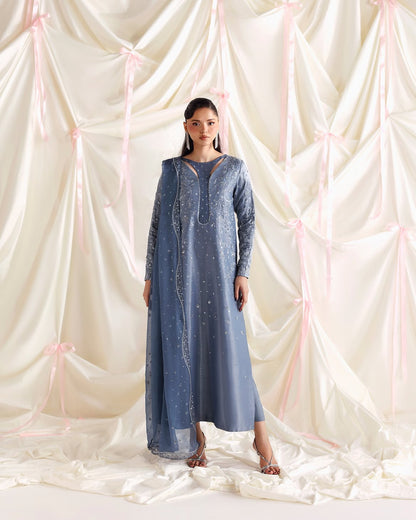 Blue Silk Embroidered Suit - Front View