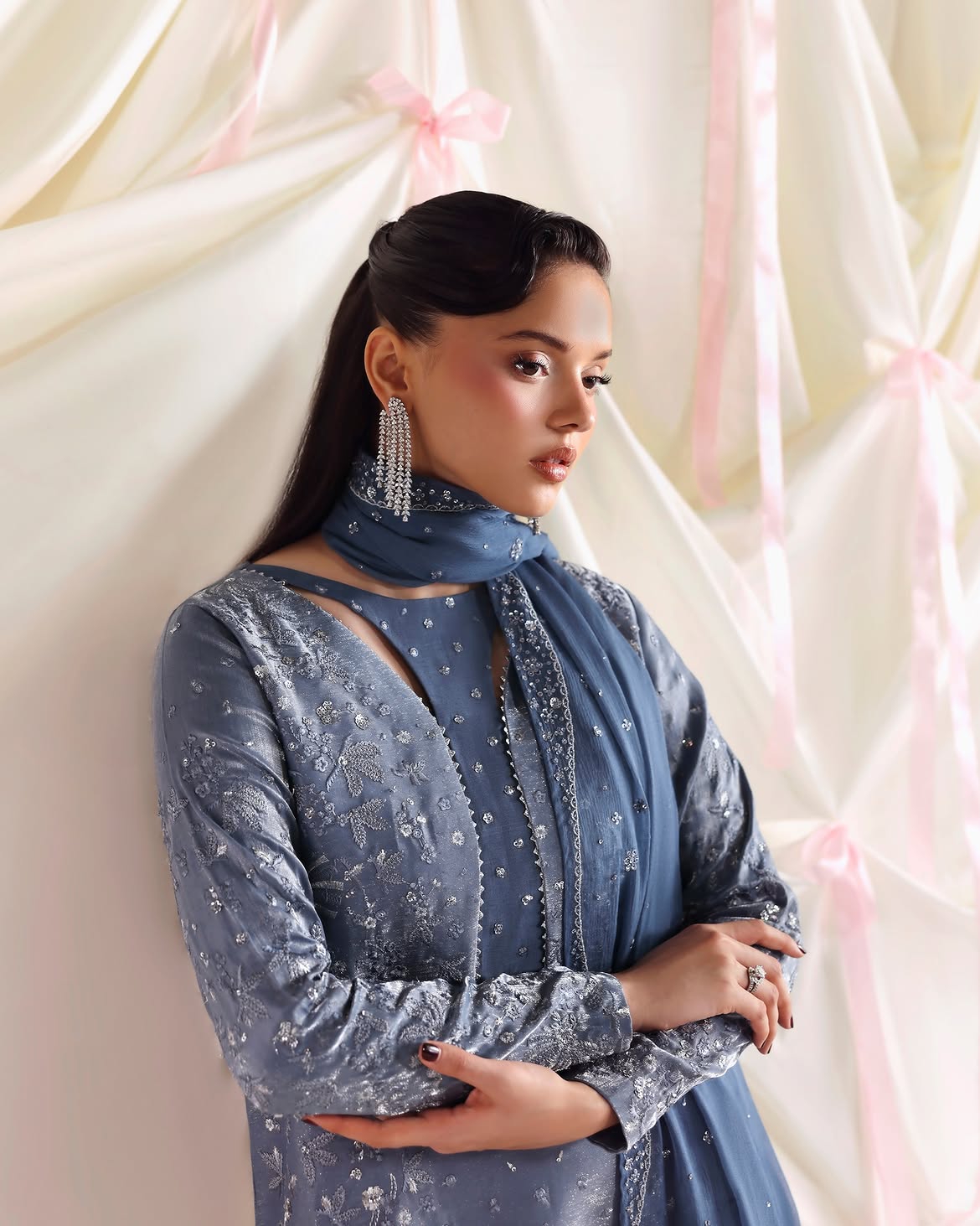 Blue Silk Embroidered Suit - Side View